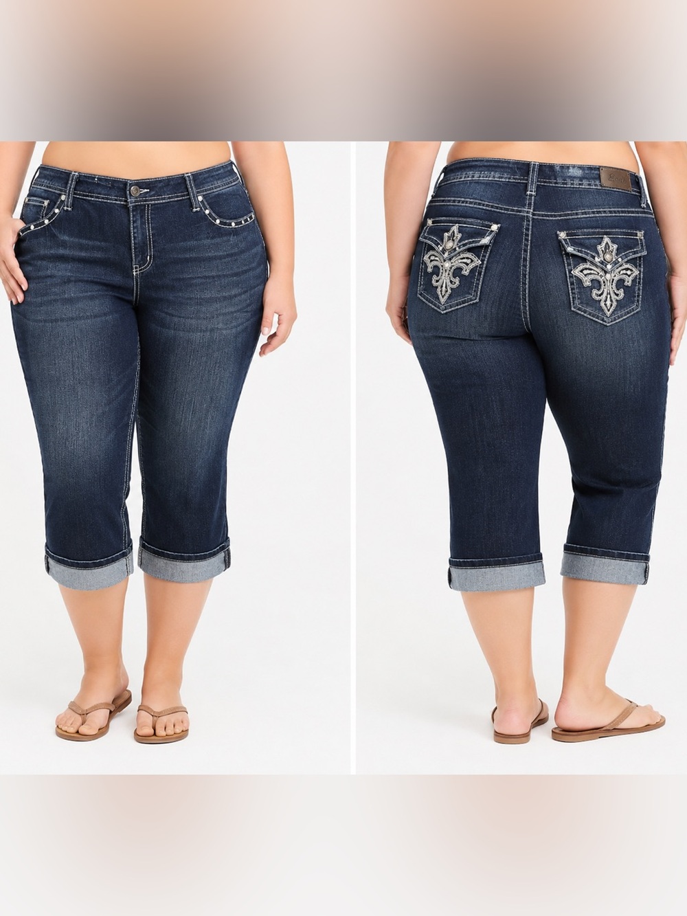 Earl Jean 20W Y2K Embellished Rhinestone Denim Capri Jeans Dark Wash